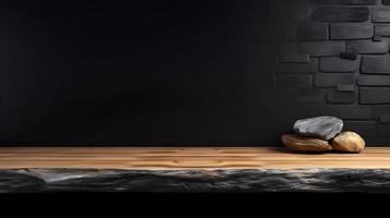 Wooden Table or Countertop with Black Stone Wall Background photo