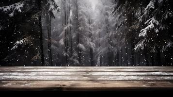 de madera mesa con nieve textura antecedentes para Navidad y invierno Días festivos foto