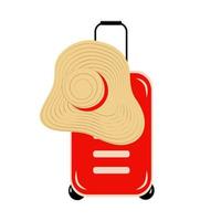 Abstract image of a travel suitcase on wheels and a wide brimmed hat on it in trendy bright shades vector