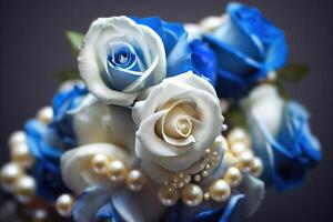 White and blue roses with pearls. Vintage still life composition. photo