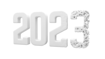 de 2023 jaar doopvont tekst 3d geven afbeelding. 2023 jaareinde concept foto. 3d renderen van 2023 nieuw jaar tekst met een gebarsten lettertype. de jaar 2023 is Aan wit achtergrond. png