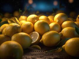Beautiful organic background of freshly picked lemons created with technology photo