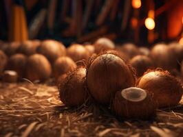 Beautiful organic background of freshly picked coconuts created with technology photo