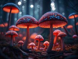 Fantasy mushroom landscape in the forest created with technology photo