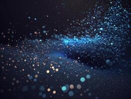 Dark blue and glow particle abstract background Blurry bokeh background with sparkles, particles and glitter created with technology photo