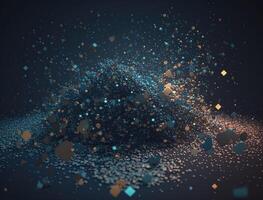 Dark blue and glow particle abstract background Blurry bokeh background with sparkles, particles and glitter created with technology photo