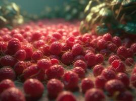 Beautiful organic background of freshly picked raspberries created with technology photo