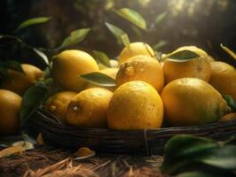 Beautiful organic background of freshly picked lemons created with technology photo