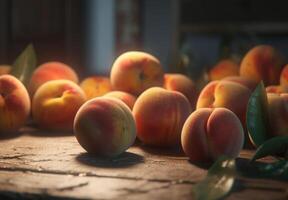 Beautiful organic background of freshly picked peaches created with technology photo