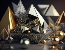 Abstract chaotic geometric background Glossy pyramids and spheres background created with technology photo