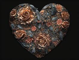 corazón de rosas en un oscuro antecedentes creado con generativo ai tecnología foto