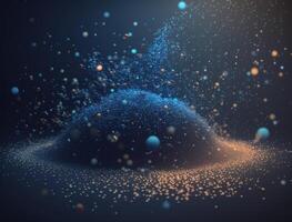 Dark blue and glow particle abstract background Blurry bokeh background with sparkles, particles and glitter created with technology photo