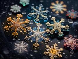 Colorful translucent snowflake on dark background created with Generative AI technology photo
