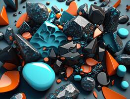 Abstract background with geometric shapes in shades of cyan blue and coral orange. Stones and pebbles. technology. photo