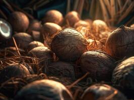 Beautiful organic background of freshly picked coconuts created with technology photo