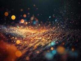 Dark blue and glow particle abstract background Blurry bokeh background with sparkles, particles and glitter created with technology photo