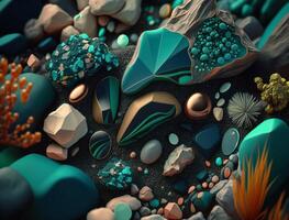 This abstract composition of layered geometric shapes in coral and malachite colors. Bottom of the sea illustration. Created with technology photo