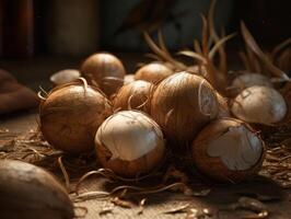 Beautiful organic background of freshly picked coconuts created with technology photo