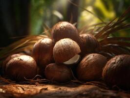 Beautiful organic background of freshly picked coconuts created with technology photo