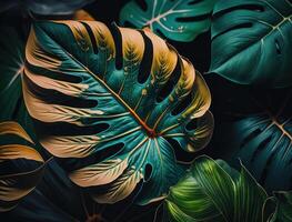 Abstract green Tropical Banana and Monstera Leaves background created with Generative AI technology photo