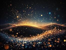 Dark blue and glow particle abstract background Blurry bokeh background with sparkles, particles and glitter created with technology photo