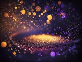 Dark blue and glow particle abstract background Blurry bokeh background with sparkles, particles and glitter created with technology photo