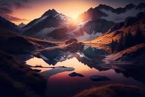 escénico amanecer en el alto montañas de el alpes generativo ai foto