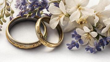 Golden wedding rings and flowers, close up. photo