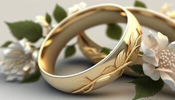 Golden wedding rings and flowers, close up. photo