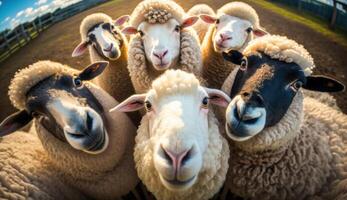 Funny sheep take a selfie on the farm. photo