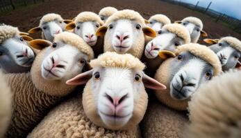 Funny sheep take a selfie on the farm. photo