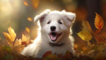 Happy white puppy in autumn leaves in the park. photo