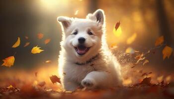 Happy white puppy in autumn leaves in the park. photo