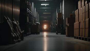 dentro el almacenamiento cinematográfico Encendiendo mejora el ordenado filas de cajas y bastidores en un depósito. generativo ai foto