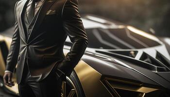 A Close-Up of a Rich Businessman Standing in Front of a Luxurious Supercar. photo