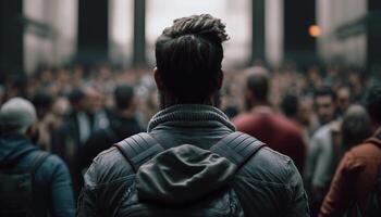 espalda ver de un hombre. el multitud reunido a protesta. generativo ai foto