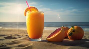 Fresco jugo cóctel en un tropical playa en verano. generativo ai foto