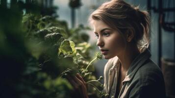 hermosa mujer cultiva su propio fresco, orgánico vegetales en un pequeño jardín. generativo ai foto