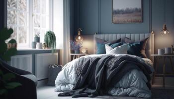 Bright cozy bedroom in scandinavian style. photo