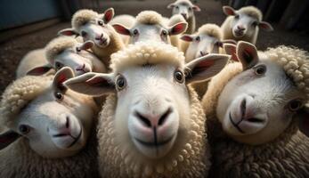 Funny sheep take a selfie on the farm. photo