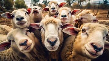 Funny sheep take a selfie on the farm. photo