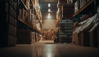 Inside the Storage Cinematic Lighting Enhances the Orderly Rows of Boxes and Racks in a Warehouse. photo