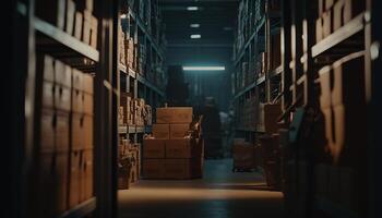 Inside the Storage Cinematic Lighting Enhances the Orderly Rows of Boxes and Racks in a Warehouse. Generative AI photo