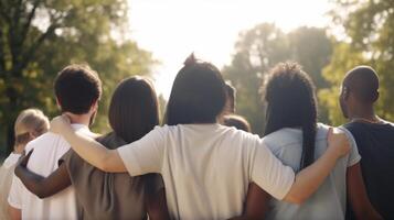 Multiracial and diversity concept. Diverse people hugging each other. photo