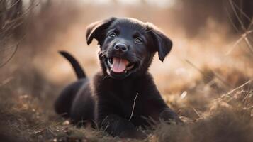 Happy black puppy in nature. photo