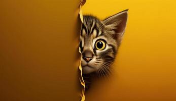 A Surprised Cat in an Yellow Wall Hole. photo