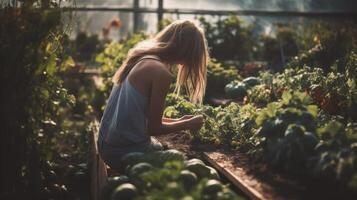 hermosa mujer cultiva su propio fresco, orgánico vegetales en un pequeño jardín. generativo ai foto