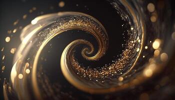 Explosion and swirl of gold sparkles background. photo