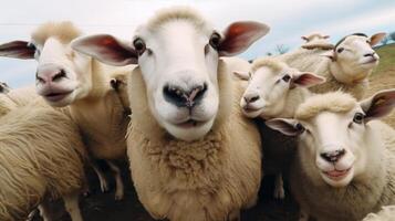 Funny sheep take a selfie on the farm. photo