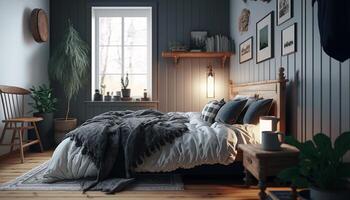 Bright cozy bedroom in scandinavian style. photo